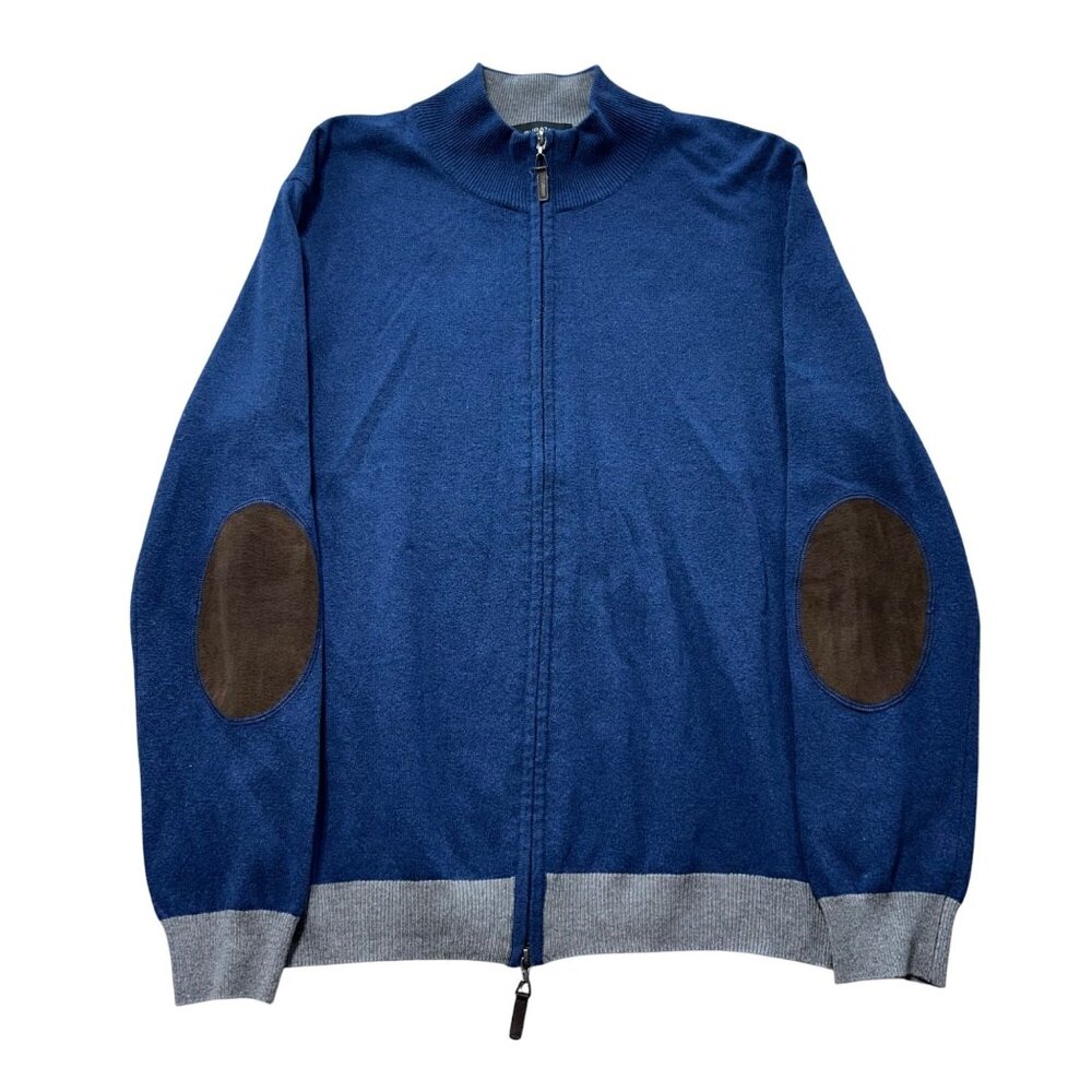 Bugatchi Mens Large Night Blue Full-Zip Sweater With Brown Suede Elbow Patches